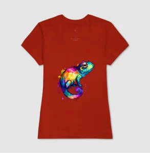 Camiseta preta com estampa de um camaleão colorido. Ideal para adicionar um toque vibrante e único ao seu estilo